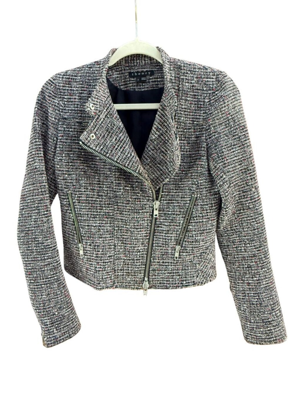 Theory Size 2 Tweed Moto Jacket Navy Cream Red Asymmetric Zip Cotton Blend